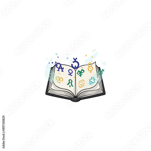 Open Book with Astrological and Esoteric Symbols Vector Illustration