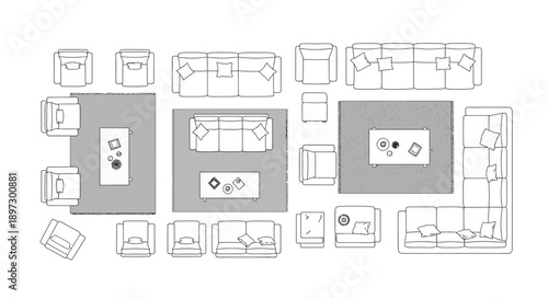 top view modern living room furniture layouts sofas chairs tables for architectural floor plans and interior design.