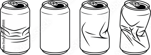Crumpled aluminum soda can outline set showing different crushed states, recyclable beverage container illustration, black line art vector isolated on white background