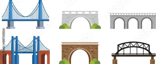 Bridge Architecture Collection Featuring Suspension Bridges, Stone Arch Designs, Modern Steel Trusses, And Urban Infrastructure Illustrations For Engineering And Travel Projects