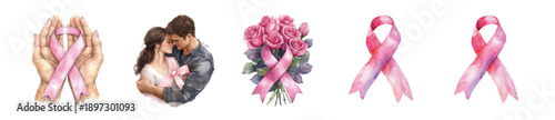 World Cancer Day Clipart Bundle, Cancer Awareness Watercolor Illustrations with Pink Ribbons and Woman