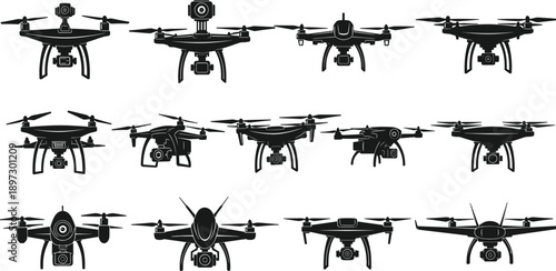 Collection of black drone silhouettes featuring various modern quadcopter designs with cameras and propellers for aerial technology, surveillance, and photography vector illustrations 