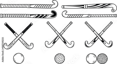 Collection of hand drawn black and white field hockey vector illustrations featuring isolated sticks, crossed clubs icons, and balls for sports logo design elements.