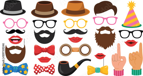 Funny face accessories illustration set, hats, glasses, mustaches, beards, lips and props, creative disguise elements for party and photo booth