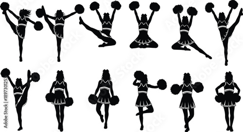 Cheerleader silhouettes set with pompoms featuring girls dancing jumping and performing cheerleading stunts in cad drawing flat vector illustration collection