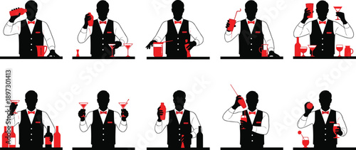 Set of professional bartender silhouettes mixing cocktails and pouring drinks in black and red vector style for bar menus, restaurant service, and nightlife designs.