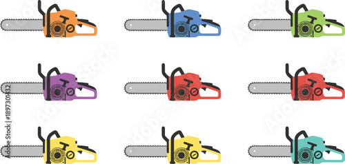 Set of nine colorful chainsaw vector illustrations in flat style isolated on white background, representing industrial power tools for forestry, lumberjack and wood cutting.