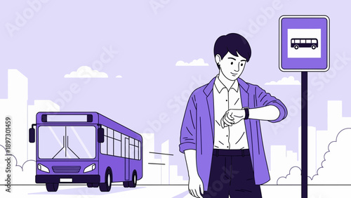 digital illustration of a watch‑watching man in a city, front-facing viewpoint with signpost