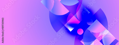 Abstract composition. Vivid pink, purple, blue hues blend. Geometric shapes overlap, creating dynamic visual effect. Soft gradients present.