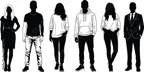 Set of six vector silhouettes of men and women standing in a row showcasing diverse fashion styles from casual streetwear to formal business suit