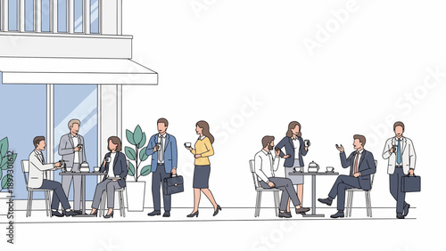 Casual gathering outside a modern building with people seated at tables and standing, surrounded by plants