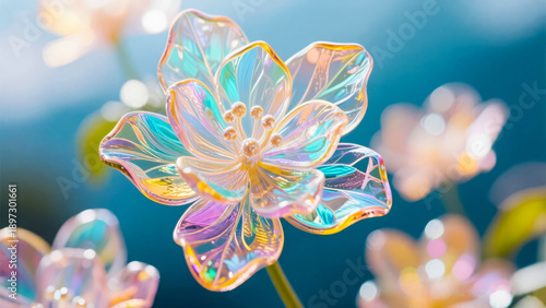Beautiful iridescent glass flower with soft bokeh background and light