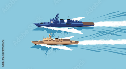 Military warships speed across the ocean with speed and power