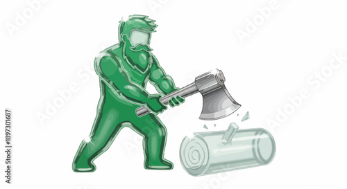 Green lumberjack chopping wood with axe, cartoon style illustration on white background