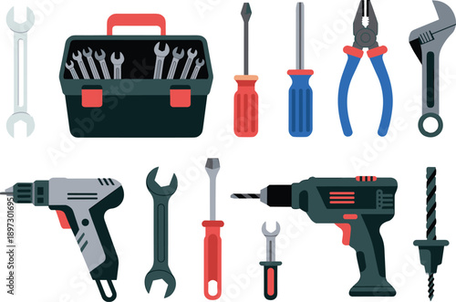 Hand tools and power tools illustration set, toolbox with wrench, screwdriver, pliers and electric drill, repair and construction equipment, flat vector isolated on white background