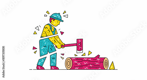 Illustration of a lumberjack chopping wood with an axe, cartoon style, isolated on white background