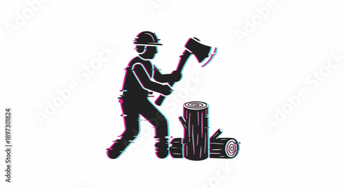 Silhouette of a lumberjack with an axe chopping wood, with a glitch effect