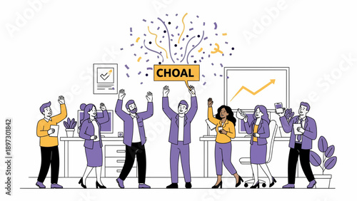 8 Purple‑Yellow Group Raises Arms with 'GOAL' Banner Over Whiteboard