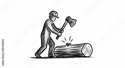 Woodcutter chopping wood with an axe, sketch drawing, rural work, outdoors, manual labor, forestry, lumberjack