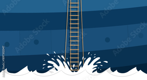 Dramatic ocean scene with wooden ladder leading into turbulent blue waters