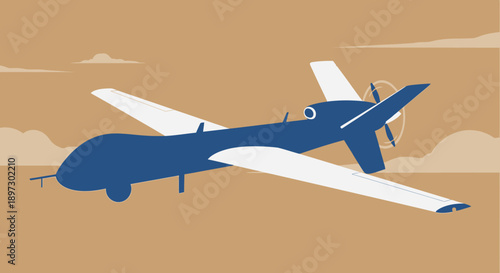 Modern blue and white drone flying in clear sky with clouds