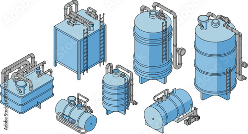 Industrial storage tank set isometric illustration with pipes valves and ladders, water chemical pressure vessel equipment collection for engineering design