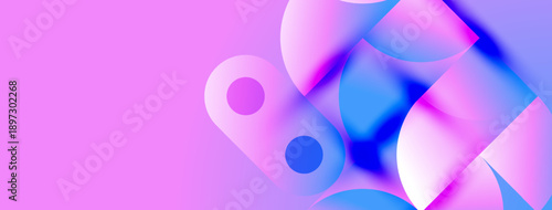 Abstract fluid shapes, vibrant pinks, blues create dynamic composition. Soft gradients suggest movement, depth. Modern design element.