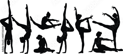 Collection of black gymnastics silhouettes featuring female athletes in various acrobatic poses isolated on white background for sports and fitness design