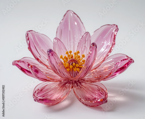 Pink glass lotus flower ornament with yellow center and white background