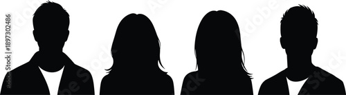 Collection of black head and shoulder silhouettes for anonymous user profile avatars featuring men and women isolated on white background,