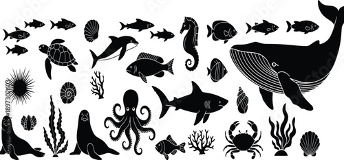 Collection of black sea creature silhouettes including whales sharks dolphins octopus turtles seals seahorses and coral reef elements on white background,