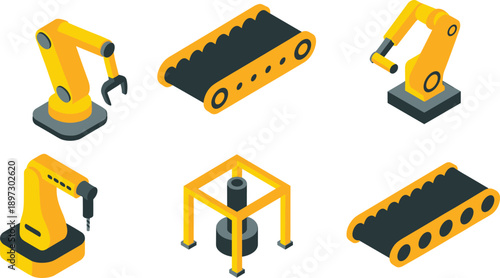 Isometric industrial automation icons set with robotic arms, conveyor belts and machinery elements, manufacturing and factory equipment symbols, vector isolated on white background