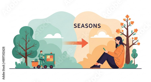 A woman sitting under trees experiences the changing seasons in a serene outdoor setting viewed from the side