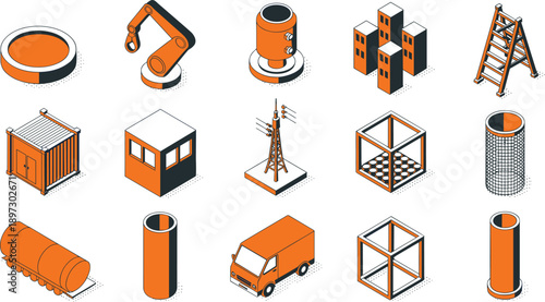 Isometric industrial construction and automation icon set with robotic arms containers tanks towers vehicles and equipment, modern factory infrastructure vector collection