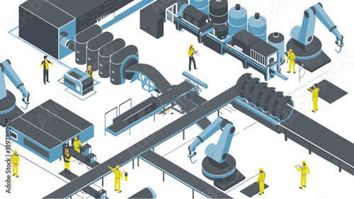 Isometric industrial factory illustration with robotic arms, conveyor systems and workers, automated manufacturing and production workflow concept, smart industry vector isolated on white background