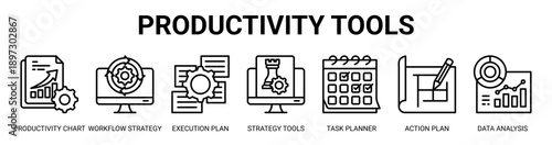 Productivity Tools web banner icon vector illustration concept with icon of productivity chart, workflow strategy, execution plan, strategy tools, task planner, action plan, and data analysis.