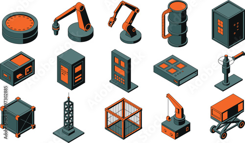 Isometric industrial robotics and automation equipment set with robotic arms control panels machines and factory tools, modern manufacturing technology vector collection
