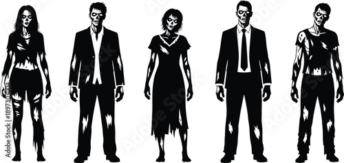 Collection of black zombie silhouettes featuring undead men and women in tattered clothes and formal suits for halloween horror design,