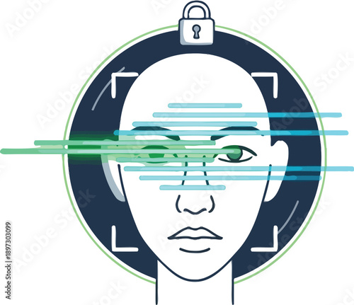 Digital illustration depicts a secure facial recognition process using bright scanning beams across the eyes with a padlock symbol indicating protection