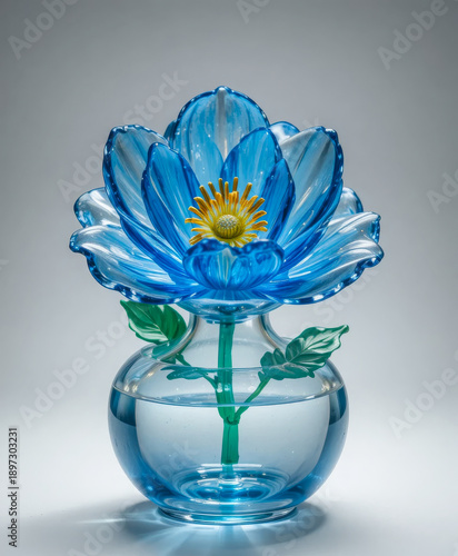 Blue glass lotus flower in small vase with green leaves and water