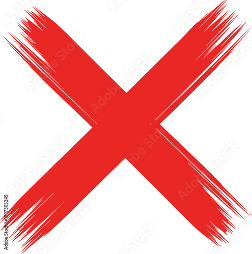 Red hand drawn brush stroke cross mark icon isolated on white, textured x symbol vector illustration for cancellation, error warning, and negative vote feedback