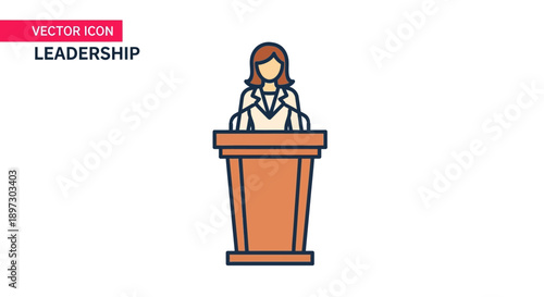 A cartoon woman stands confidently behind a lectern, addressing an unseen audience with a microphone.