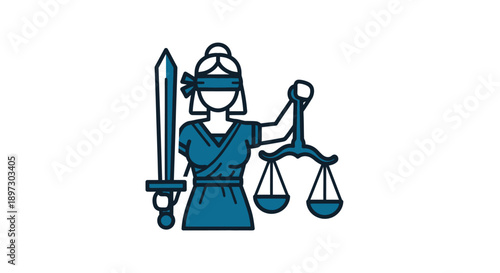 Flat design illustration of a blindfolded woman holding a sword and scales on a white background with a minimalist style.
