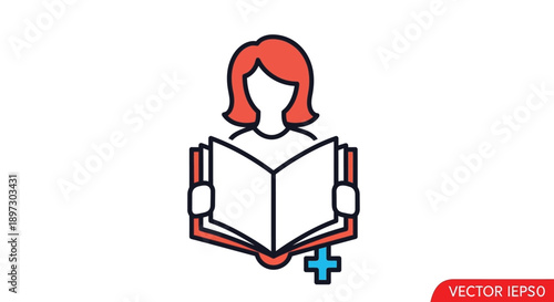 Vector illustration of a woman reading a book with a plus sign, simple line art design on a white background.