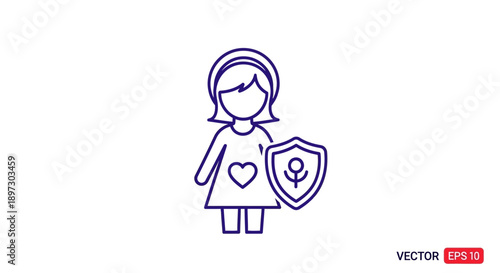 Vector illustration of a simple line drawing of a woman holding a heart and shield on a white background.