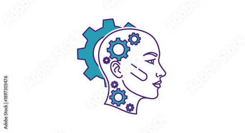 Illustration of a woman's head with gears inside, symbolizing ideas and innovation against a clean white background.