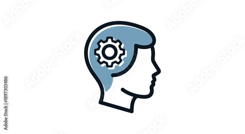 Illustration of a human head in profile with a gear inside the brain on a plain white background.