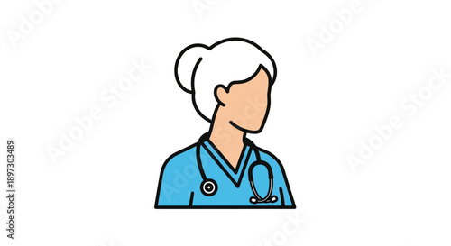 Illustration of a female doctor with a stethoscope around her neck and white hair in a bun against a plain white background.