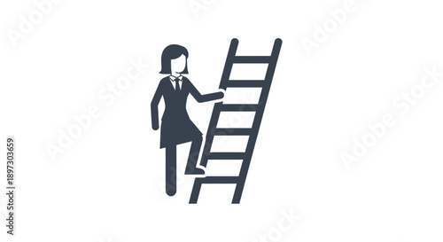 Simple line drawing of a businesswoman climbing a ladder on a clean white background.