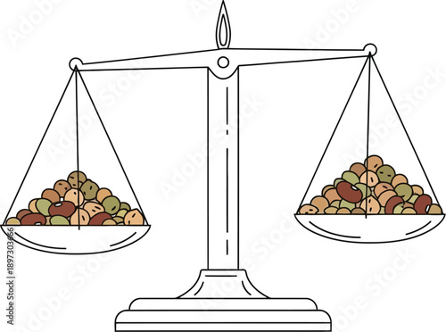 Simple line art illustration depicting a balanced scale weighing different types of legumes or dried beans to represent nutrition concept